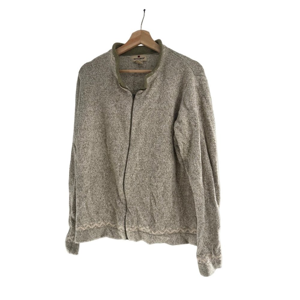 Woolrich Womens Khaki Heather Full Zip Ramie Wool Blend Cardigan Sweater XL 9604